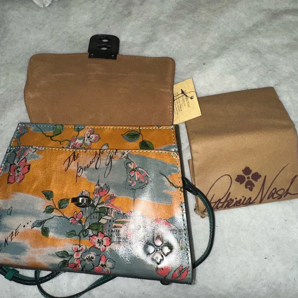 Brand new Patricia Nash Leather Floral Crossbody Bag with Green & Orange Accents - Picture 4 of 9